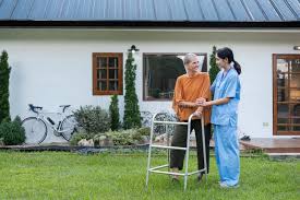 Walking outdoors with caregiver
